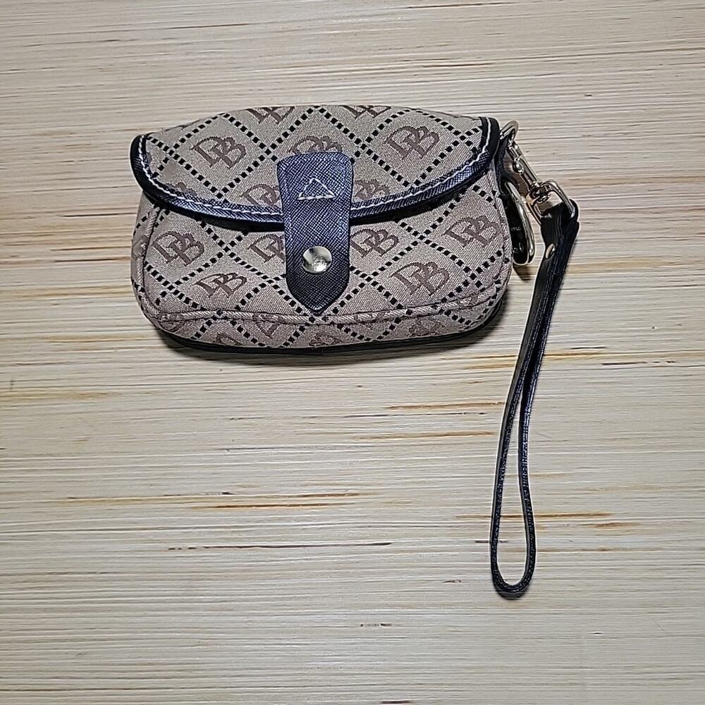 Dooney & Bourke Signature Oncour Tweed Flap Small Wristlet with Emblem Brown Tan